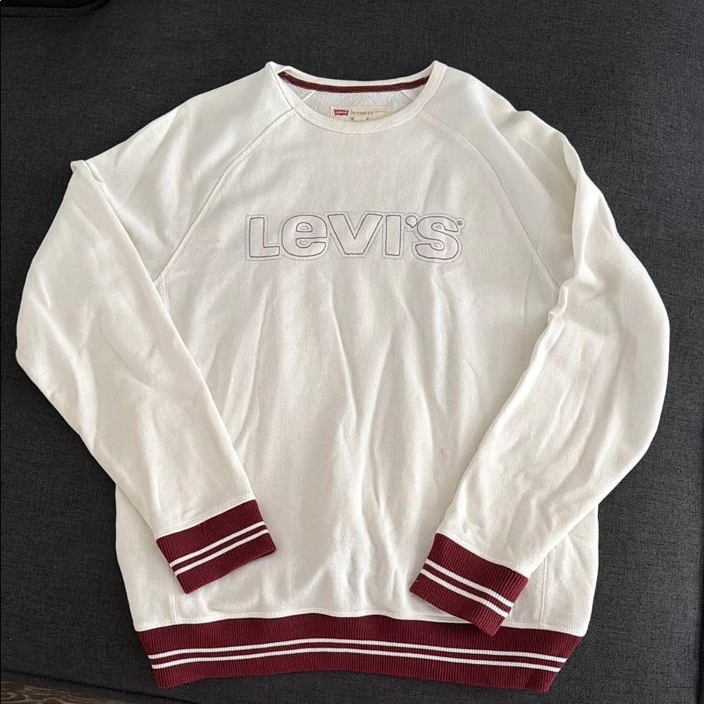 Levi's Men's White Crewneck Sweater with Maroon Trim